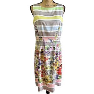 GELCO Women's Grey Yellow Stripes Floral Cotton Sheath Sleeveless Dress Sz 8